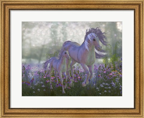 Framed Adult and Baby Unicorn in a Field of Flowers Print