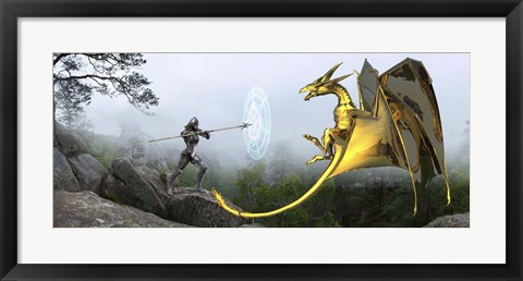 Framed Flying Gold Dragon and Female Knight Print