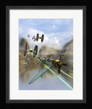 Framed WW II P-47 Thunderbolt Being Chased By Some Tie Fighters of Star Wars Print