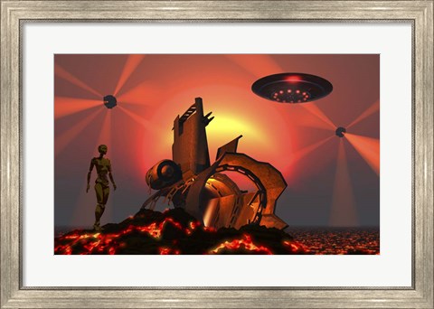 Framed Robotic Androids Searching Out Scrap Materials Print