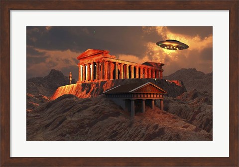 Framed Flying Saucer Flying Above An Ancient Temple Complex Print