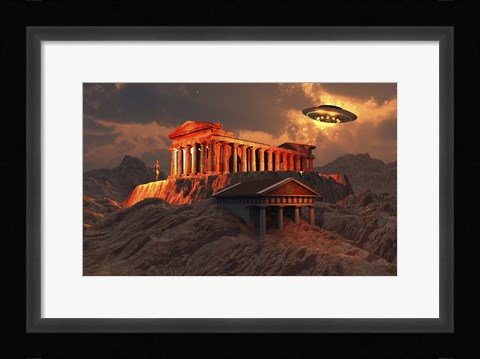 Framed Flying Saucer Flying Above An Ancient Temple Complex Print