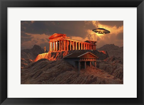 Framed Flying Saucer Flying Above An Ancient Temple Complex Print