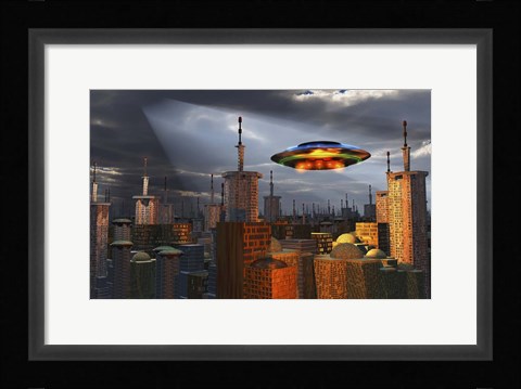 Framed Alien Flying Saucer Flying Over a Futuristic City Print