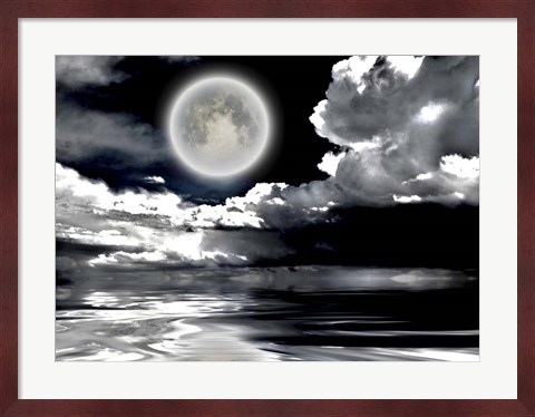 Framed Full Moon Dramatic Clouds Reflected in Calm Wat Print