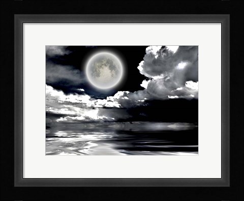 Framed Full Moon Dramatic Clouds Reflected in Calm Wat Print