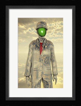Framed Metallic Man With Face Obscure By Green Apple Print