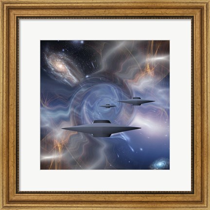 Framed Surreal Digital Art Flying Saucers in Warped Space Print
