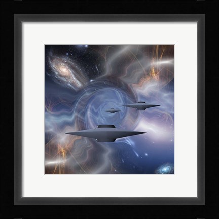 Framed Surreal Digital Art Flying Saucers in Warped Space Print