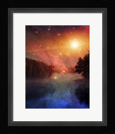 Framed Night Forest Lake Sunrise Or Sunset Print