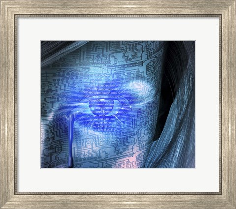 Framed Cyborg Woman Cries Binary Code, Circuit Pattern Print