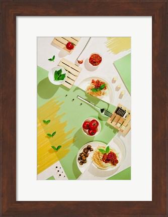 Framed Suprematic Meal: Pasta With Tomato Sauce And Mushrooms Print
