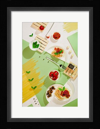 Framed Suprematic Meal: Pasta With Tomato Sauce And Mushrooms Print