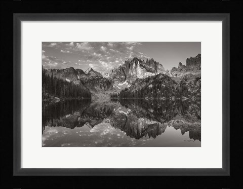 Framed Baron Lake Monte Verita Peak Sawtooh Mountains II BW Print