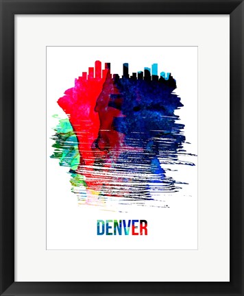 Framed Denver Skyline Brush Stroke Watercolor Print