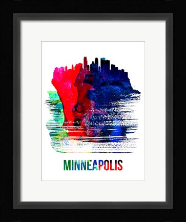 Framed Minneapolis Skyline Brush Stroke Watercolor Print