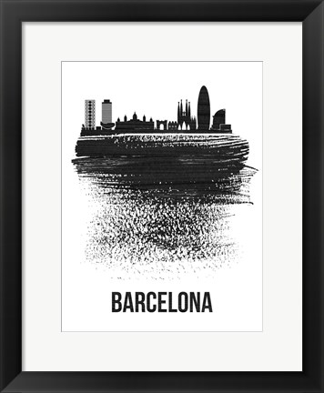 Framed Barcelona Skyline Brush Stroke Black Print