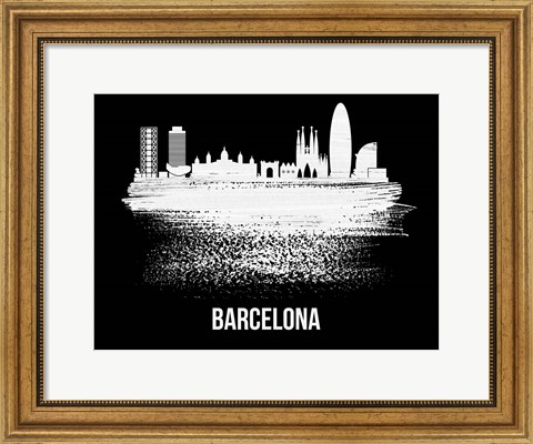 Framed Barcelona Skyline Brush Stroke White Print