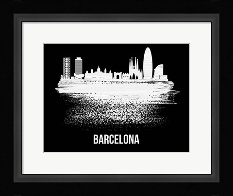 Framed Barcelona Skyline Brush Stroke White Print