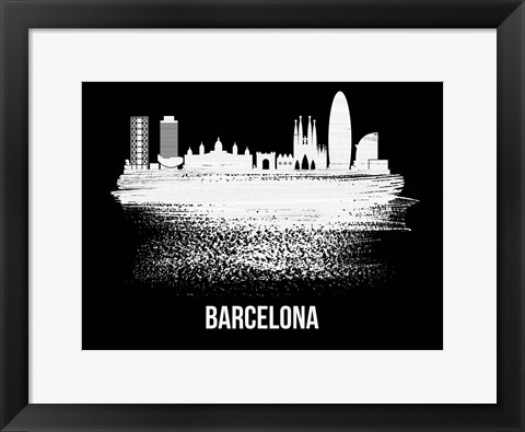 Framed Barcelona Skyline Brush Stroke White Print