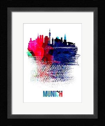 Framed Munich Skyline Brush Stroke Watercolor Print