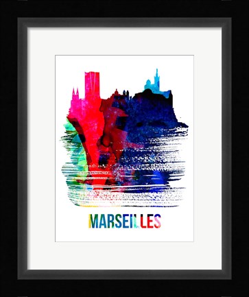 Framed Marseilles Skyline Brush Stroke Watercolor Print