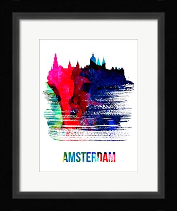 Framed Amsterdam Skyline Brush Stroke Watercolor Print
