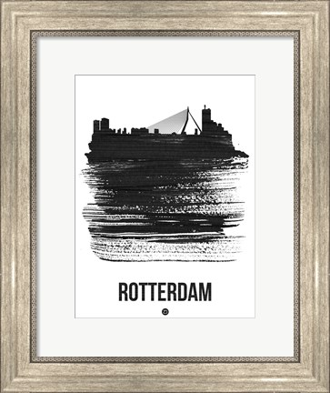 Framed Rotterdam Skyline Brush Stroke Black Print