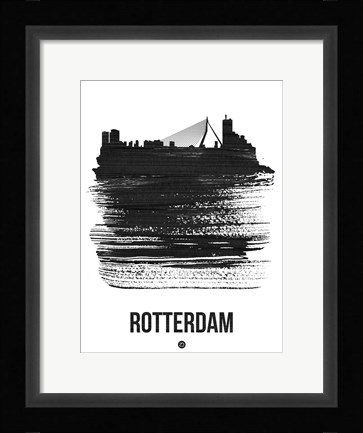 Framed Rotterdam Skyline Brush Stroke Black Print