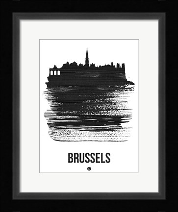 Framed Brussels Skyline Brush Stroke Black Print