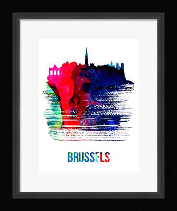 Framed Brussels Skyline Brush Stroke Watercolor Print