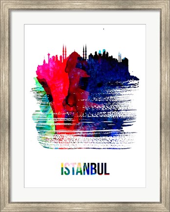 Framed Istanbul Skyline Brush Stroke Watercolor Print
