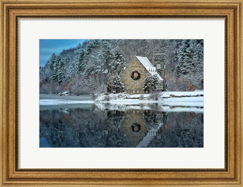 Framed Newfallen Snow at the Old Stone Church Print