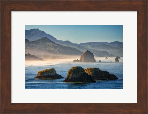 Framed Misty Morning on Cannon Beach Print