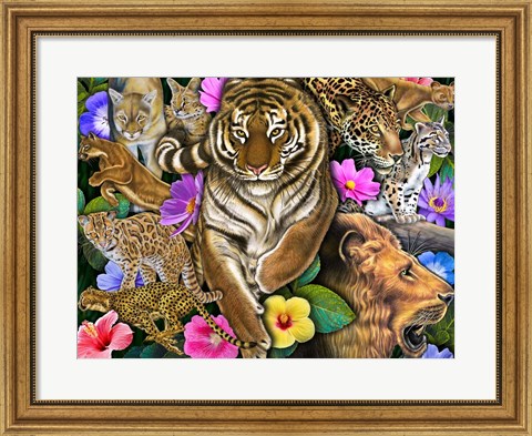 Framed Wild Cats &amp; Flowers Print