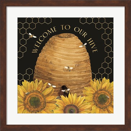 Framed Honey Bees &amp; Flowers Please on black III-Welcome Print