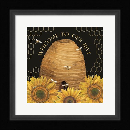 Framed Honey Bees &amp; Flowers Please on black III-Welcome Print