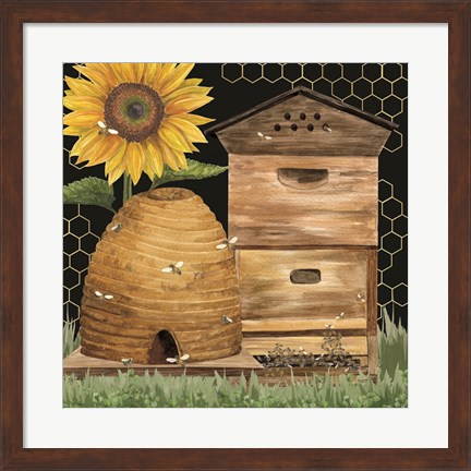 Framed Honey Bees &amp; Flowers Please on black IX Print