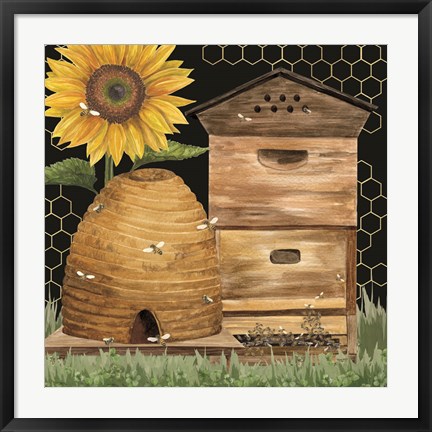 Framed Honey Bees &amp; Flowers Please on black IX Print
