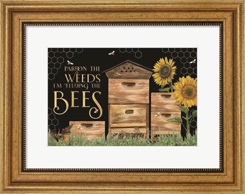 Framed Honey Bees &amp; Flowers Please landscape on black I-Pardon the Weeds Print