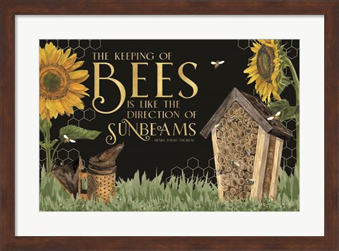Framed Honey Bees &amp; Flowers Please landscape on black IV-Sunbeams Print