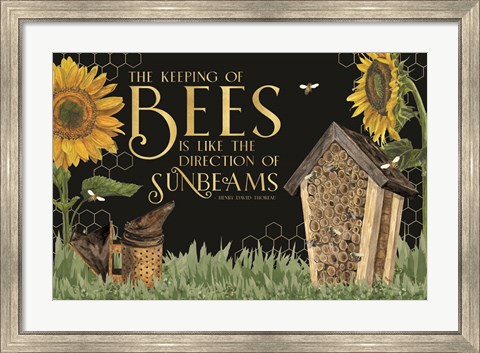 Framed Honey Bees &amp; Flowers Please landscape on black IV-Sunbeams Print