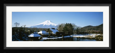 Framed Houses in front of a mountain, Mt Fuji, Honshu, Japan Print