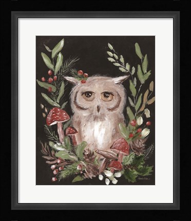 Framed Christmas Owl and Mushrooms Print