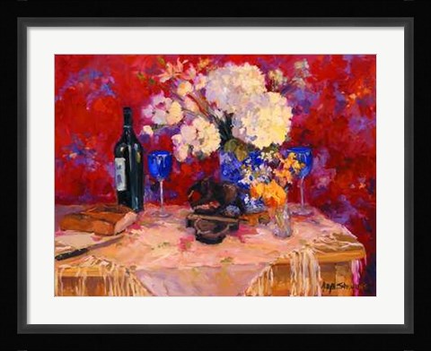 Framed White Roses W- Wine Print