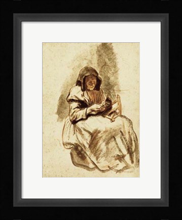 Framed Sepia Grandma Sewing Print