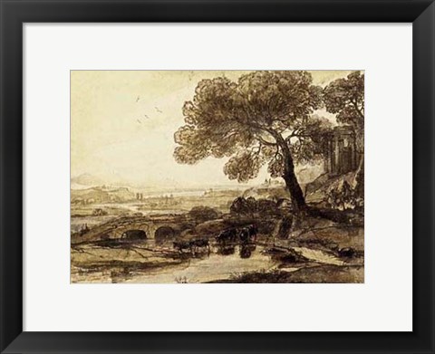 Framed Sepia Landscape with Bridge Print