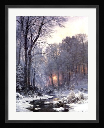 Framed Twilit Wooded River in the Snow Print