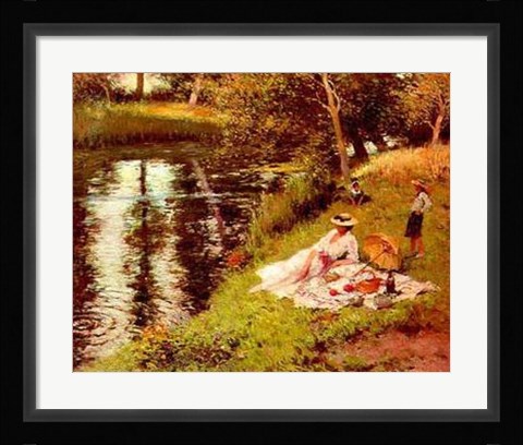 Framed Picnic on the River Bank Print