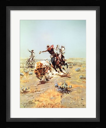 Framed Cowboy Roping A steer Print